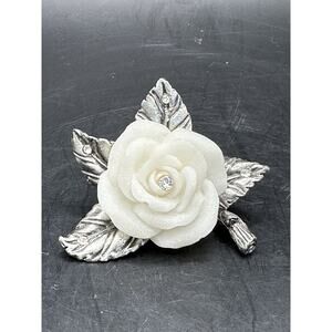 Unique Pewter and Carved White Stone Rose with Crystal Center Sculpture 2 Inch